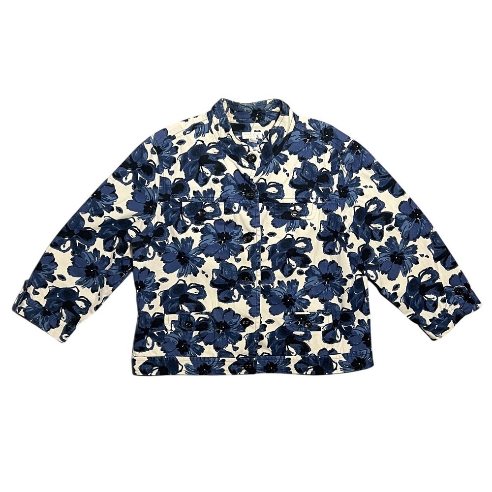 Charter Club Petite Women's Floral Button‎ Front Jacket Blue White Cotton Blend